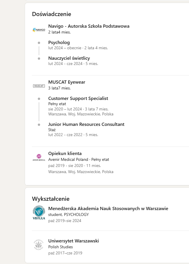 Zrzut ekranu z profilu LinkedIn - psycholog pracował przed uzyskaniem dyplomu