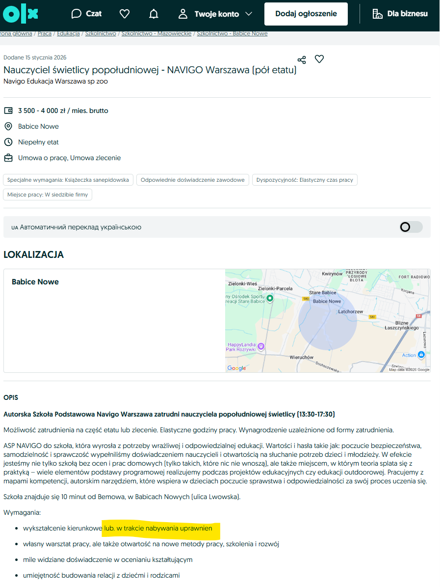 Oferta OLX - nauczyciel świetlicy
