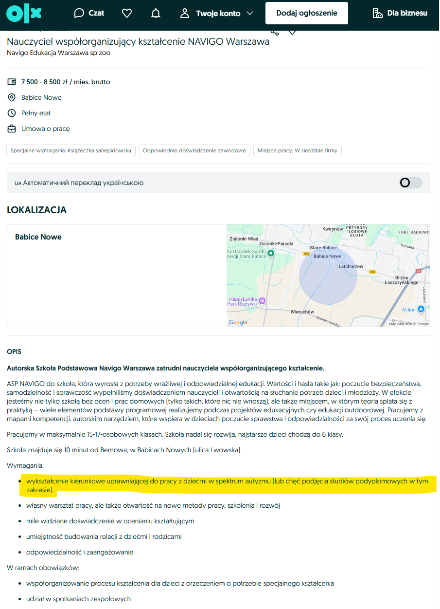 Oferta OLX - nauczyciel współorganizujący